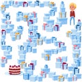 Help the boy find her way to the birthday cake in the maze of gift boxes. Children`s picture with a riddle in the maze Royalty Free Stock Photo